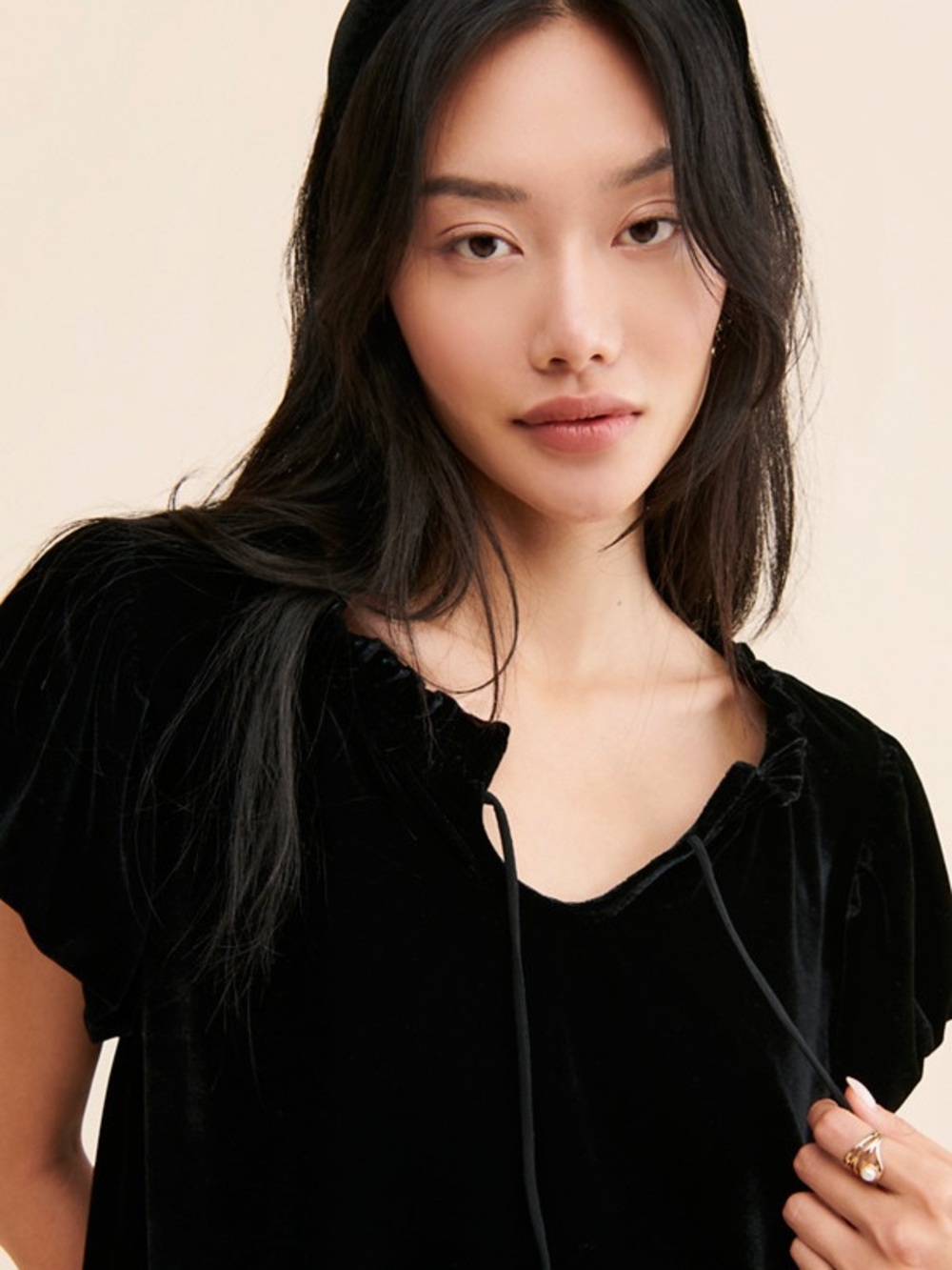 Free People Black Velvet Tie-Front Peasant Top - Picture 3 of 6